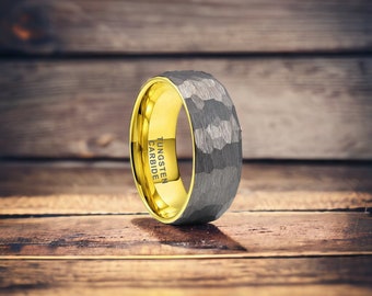 8mm Two Tone Gold and Silver Hammered Tungsten Ring - Mens Rings - Mens Wedding Ring