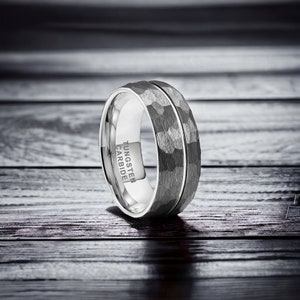 8mm Silver Domed Offset Line Hammered Tungsten Ring - Mens Rings - Mens Wedding Ring