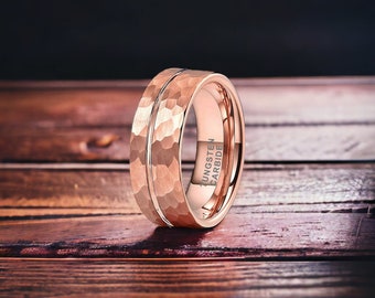 8mm Rose Gold Hammered Offset Line Tungsten Ring - Mens Rings - Mens Wedding Ring