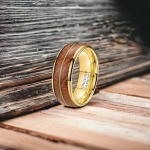 8mm Gold Whisky Barrel Tungsten Ring With Guitar String Inlay - Mens Rings - Mens Wedding Ring