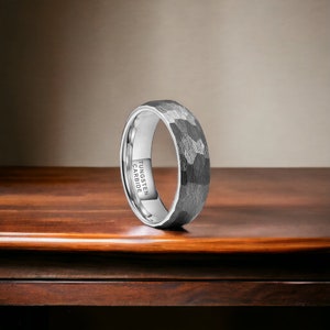 6mm Silver Domed Hammered Tungsten Ring - Mens Rings - Mens Wedding Ring