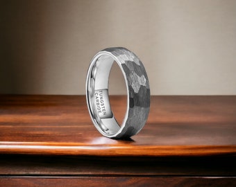 6mm Silver Domed Hammered Tungsten Ring - Mens Rings - Mens Wedding Ring