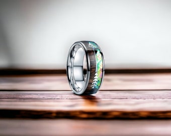 8mm Silver Tungsten Ring with Silver Arrow Inlay and Koa Wood/Abalone Shell - Mens Rings - Mens Wedding Ring