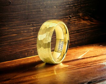 8mm Gold Hammered Tungsten Ring - Mens Rings - Mens Wedding Ring