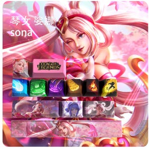 May include: A pink and white keyboard with a League of Legends theme. The keyboard features a pink and white keycap with the League of Legends logo, and other keycaps with images of the character Sona. The keyboard also has a pink and white wrist rest with an image of Sona.