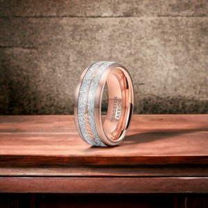 8mm Rose Gold Brushed Tungsten Ring with Rose Gold Arrow Inlay - Mens Rings - Mens Wedding Ring
