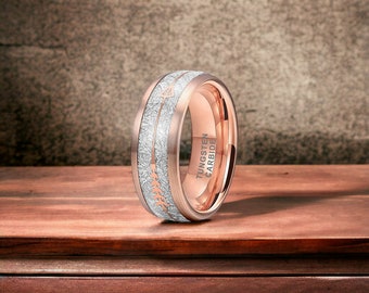 8mm Rose Gold Brushed Tungsten Ring with Rose Gold Arrow Inlay - Mens Rings - Mens Wedding Ring