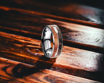 8mm Silver Tungsten Ring with Silver Arrow Inlay and Koa Wood - Mens Rings - Mens Wedding Ring