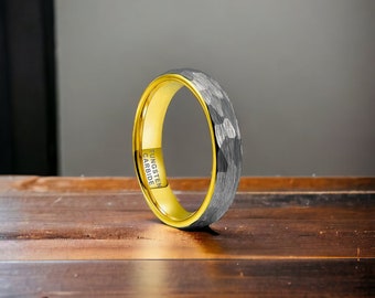 4mm Two Tone Gold and Silver Domed Hammered Tungsten Ring - Mens Rings - Mens Wedding Ring