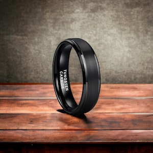 6mm Stepped Bevelled Brushed Black Finish Tungsten Carbide Ring - Mens Rings - Mens Wedding Ring