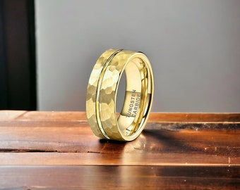 8mm Gold Hammered Offset Line Tungsten Ring - Mens Rings - Mens Wedding Ring