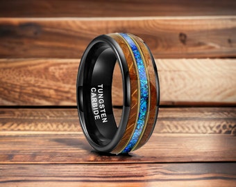 8mm Black Whisky Wood Tungsten Ring With Guitar String and Blue Opal Inlay - Mens Rings - Mens Wedding Ring