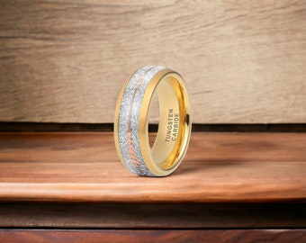 8mm Gold Brushed Tungsten Ring with Rose Gold Arrow Inlay - Mens Rings - Wedding Ring