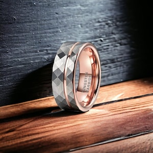 8mm Two Tone Rose Gold and Silver Offset Line Hammered Tungsten Ring - Mens Rings - Mens Wedding Ring