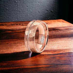8mm Rose Gold Domed Offset Line Hammered Tungsten Ring - Mens Rings - Mens Wedding Ring