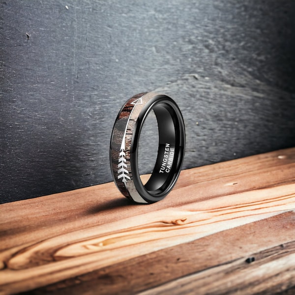 6mm Black Tungsten Ring with Silver Arrow Inlay and Koa Wood/Deer Antler - Mens Rings - Mens Wedding Ring