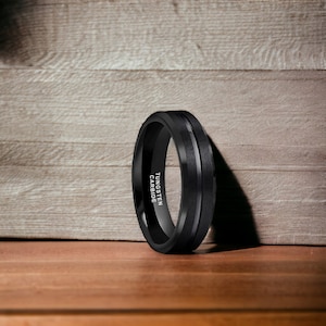 6mm Grooved Bevelled Edges Black Finish Tungsten Carbide Ring - Mens Rings - Mens Wedding Ring