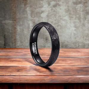 4mm Black Domed Hammered Tungsten Ring - Mens Rings - Mens Wedding Ring