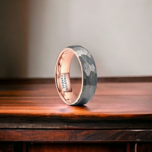 6mm Two Tone Rose Gold and Silver Domed Hammered Tungsten Ring - Mens Rings - Mens Wedding Ring