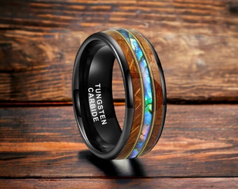 8mm Black Whisky Wood Tungsten Ring With Guitar String and Shell Inlay - Mens Rings - Mens Wedding Ring