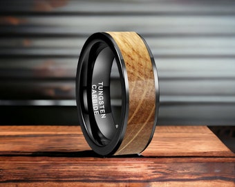 8mm Black Bevelled Whisky Barrel Wood Tungsten Ring - Mens Rings - Mens Wedding Ring