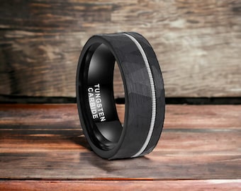 8mm Black Hammered Tungsten Ring With Guitar String Inlay - Mens Rings - Mens Wedding Ring