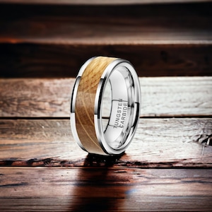 8mm Silver Bevelled Whisky Barrel Wood Tungsten Ring - Mens Rings - Mens Wedding Ring