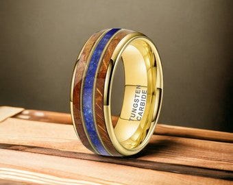8mm Gold Whisky Wood Tungsten Ring With Guitar String and Lapis Inlay - Mens Rings - Mens Wedding Ring