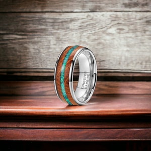 8mm Silber Whisky Fass Eichenholz mit Grün Opal Inlay Wolfram Ring - Herrenringe - Ehering