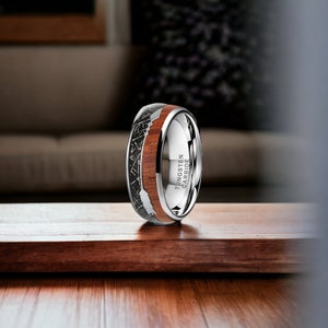8mm Silver Tungsten Ring with Silver Arrow Inlay and Koa Wood - Mens Rings - Mens Wedding Ring