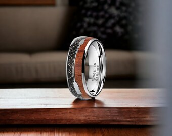 8mm Silver Tungsten Ring with Silver Arrow Inlay and Koa Wood - Mens Rings - Mens Wedding Ring