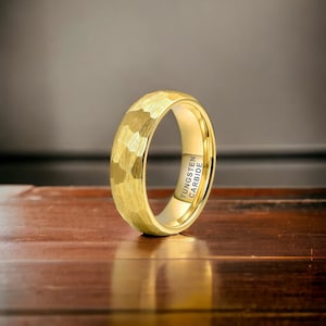 6mm Gold Domed Hammered Tungsten Ring - Mens Rings - Mens Wedding Ring