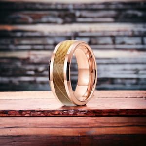 8mm Rose Gold Bevelled Whisky Barrel Wood Tungsten Ring - Mens Rings - Mens Wedding Ring