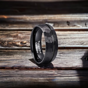 8mm Black Domed Offset Line Hammered Tungsten Ring - Mens Rings - Mens Wedding Ring