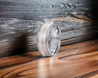 8mm Silver Brushed Tungsten Ring with Rose Gold Arrow Inlay - Mens Rings - Wedding Rings