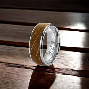 8mm Silver Domed Whisky Barrel Wood Tungsten Ring - Mens Rings - Mens Wedding Ring