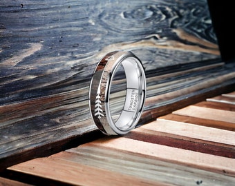 6mm Silver Tungsten Ring with Silver Arrow Inlay and Koa Wood/Deer Antler - Mens Rings - Mens Wedding Ring