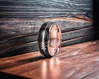 8mm Rose Gold Tungsten Ring with Silver Arrow Inlay and Koa Wood - Mens Rings - Mens Wedding Ring