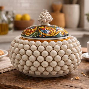 Pote de cerâmica para biscoitos em formato de pinha, pintado à mão, de Caltagirone, Itália - 22 cm