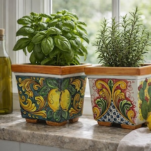 Ceramica di Caltagirone Square Planter 22cm (8.66") – Handcrafted Sicilian Ceramic Pot with Traditional Decorations