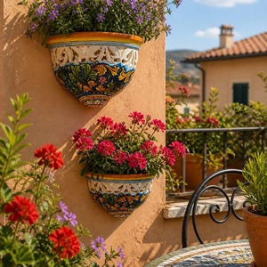 Puede incluir: Dos jardineras de pared decorativas llenas de flores vibrantes. Las jardineras son de cerámica, con un diseño blanco, azul y amarillo. Una contiene flores moradas, la otra rojas. Están montadas en una pared texturizada de color melocotón.