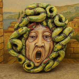 May include: A ceramic Medusa head sculpture with a surprised expression and open mouth. The face is surrounded by green and yellow snakes. The background features a painted landscape with buildings and a body of water.