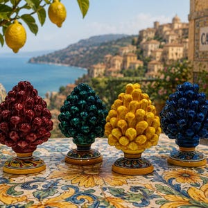 Puede incluir: Cuatro esculturas de cerámica en forma de piña, en rojo, verde, amarillo y azul, sobre una mesa decorativa. Un limonero y el mar al fondo. La palabra CALTAGIRONE es visible en una baldosa.