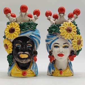 Handmade Sicilian Teste di Moro Ceramic Heads – 25cm (9.84”) – Ceramica di Caltagirone Decorative Crowned Couple