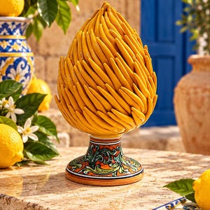 May include: A yellow ceramic pinecone sculpture with a pointed top and textured, overlapping scales. The base is cylindrical and decorated with intricate green, orange, and black floral patterns on a white background, resting on a flat circular stand.