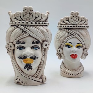 Antiqued Sicilian Teste di Moro – 20cm (7.9&quot;) – Crowned Ceramic Heads – Handmade Italian Pottery from Caltagirone