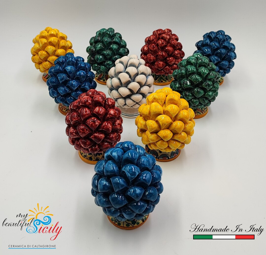 Sicilian Ceramic Pine Cone, Hand Made With Decorative Base and Without
