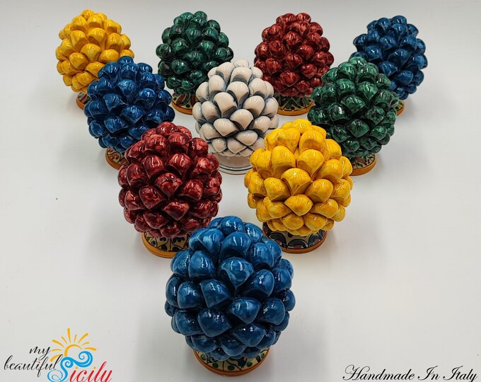 Sicilian Ceramic Pine Cone, Hand Made With Decorative Base and Without