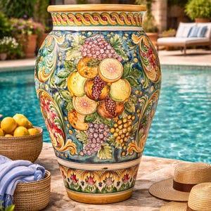 Può includere: Grande vaso in ceramica ornato con un disegno dipinto a mano di frutta, tra cui uva e arance. Il vaso è prevalentemente blu, con accenti gialli e rossi. Si trova vicino a una piscina, con cappelli di paglia e cesti di limoni.