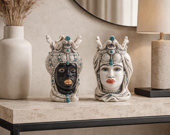 Handbemalte sizilianische Mohrenkopfvase: Caltagirone-Keramik, H14